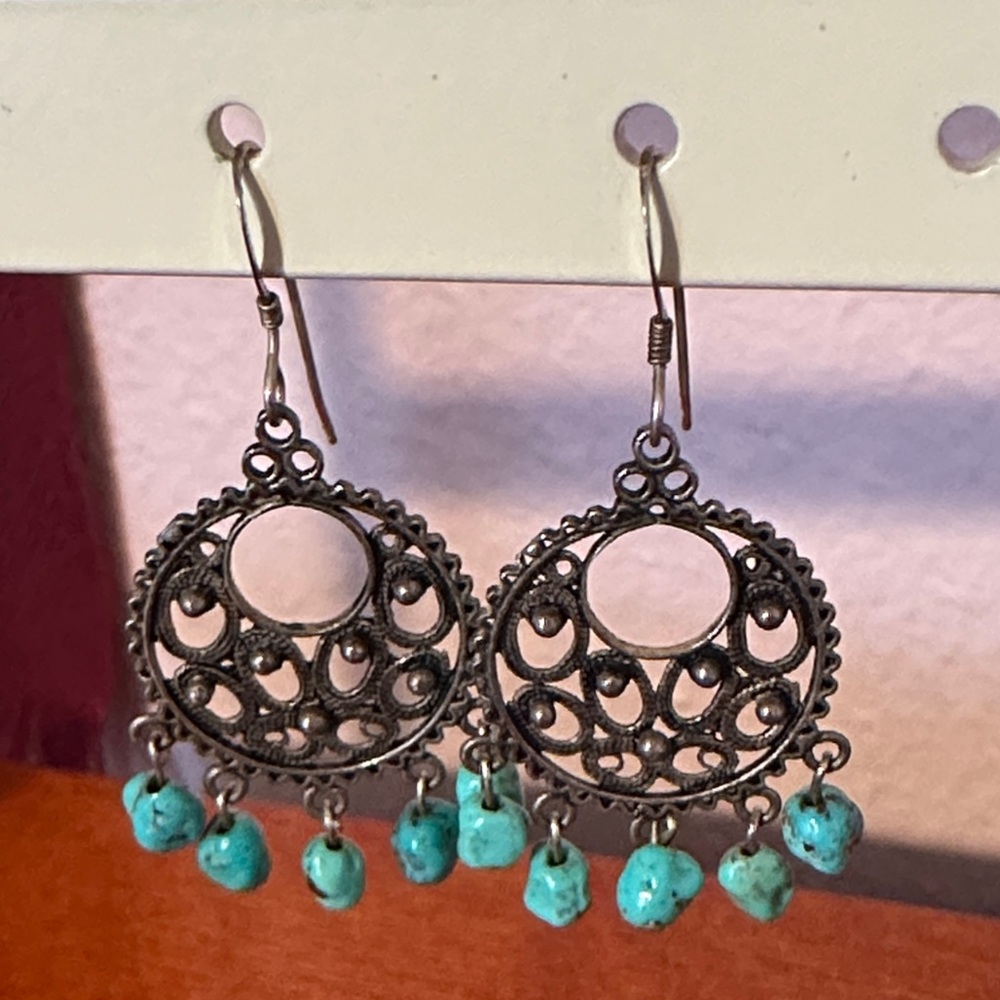 Boho Festival Faux Turquoise Beaded Filigree Drop Earrings